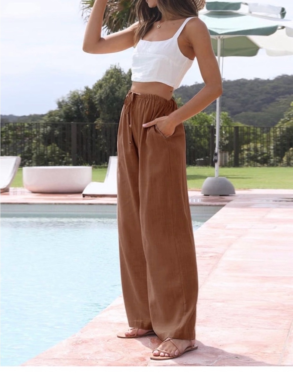 Linen blend Wide Leg Drawstring Pants